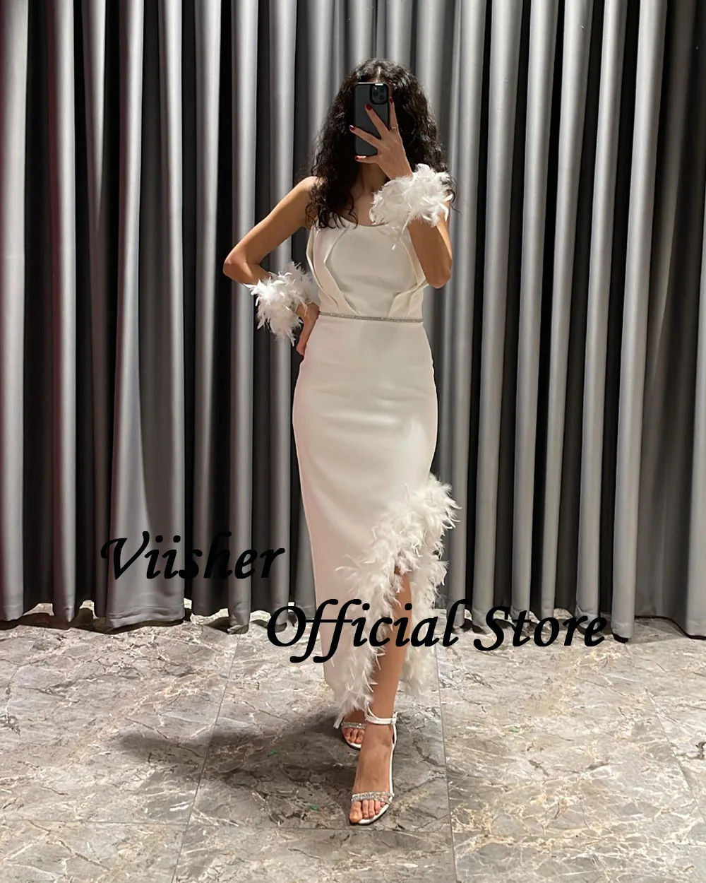 Viisher Witte Zeemeermin Avondjurken Met Veren Strapless Prom Party Jurk Side Split Lange Dubai Arabia Formele Jurken