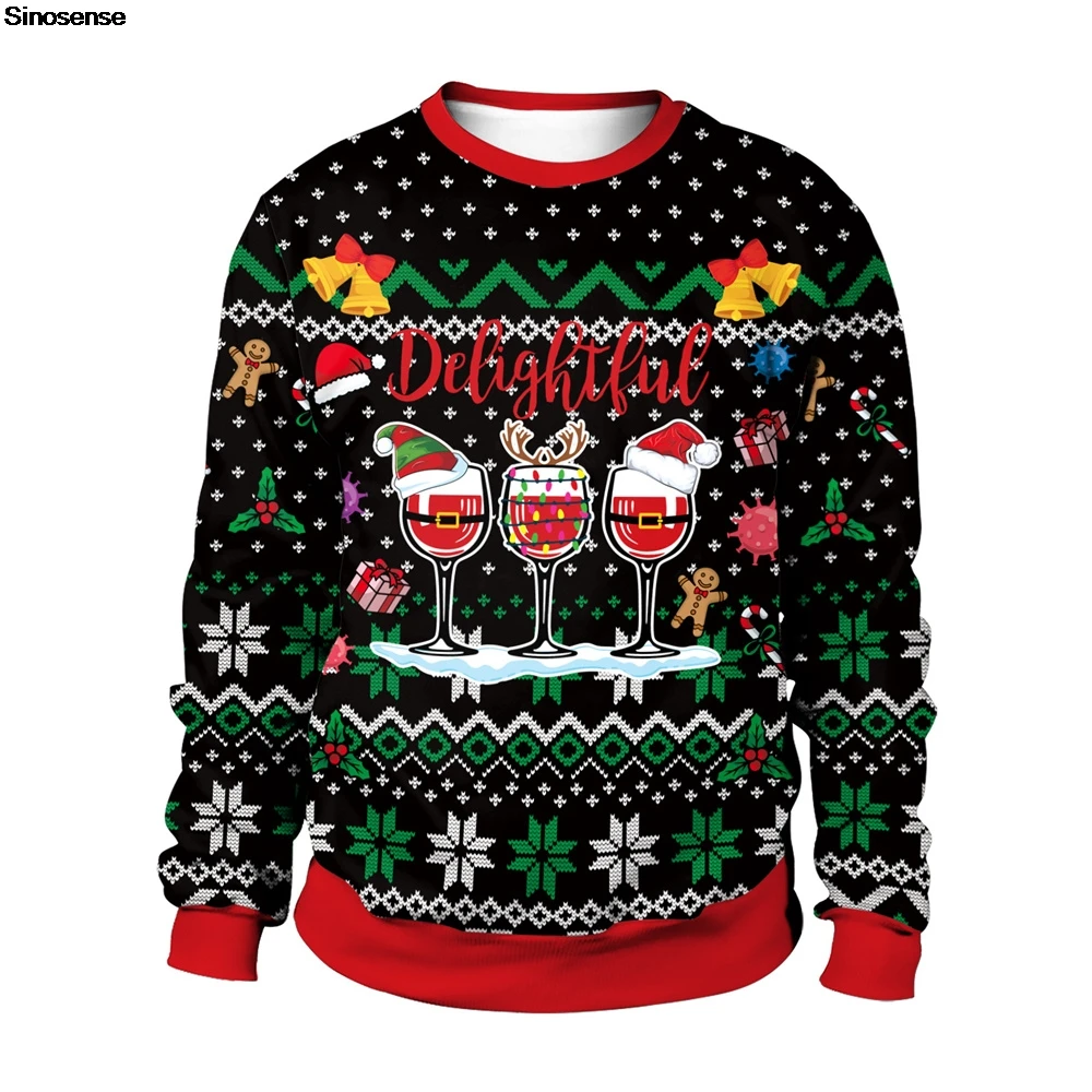 Mężczyźni Kobiety Xmas Sweatshirt 3D Christmas Wine Glass Bell The Gingerbread Man Print Ugly Christmas Sweater Holiday Party Jumper Top