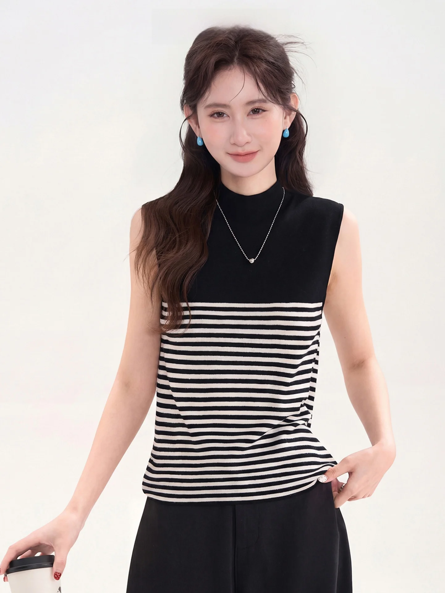 

Heme 6 Wool Knitted Vest Sleeveless High Collar Casual Style Women's Top Soft Polyester Acrylic Nylon Blend Spring Summer Sli...