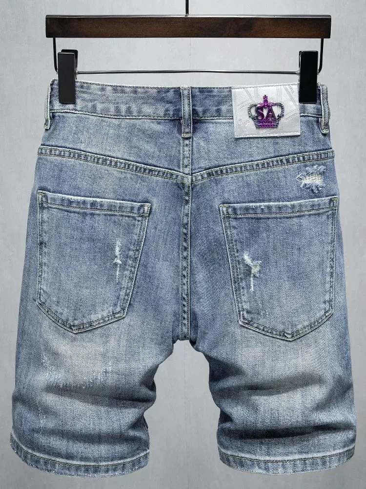 Summer Fashion Designer Men Jeans Spliced Retro Blue Elastic Stretch Ripped Short Jeans Homme Patched Hip Hop Denim Shorts Men