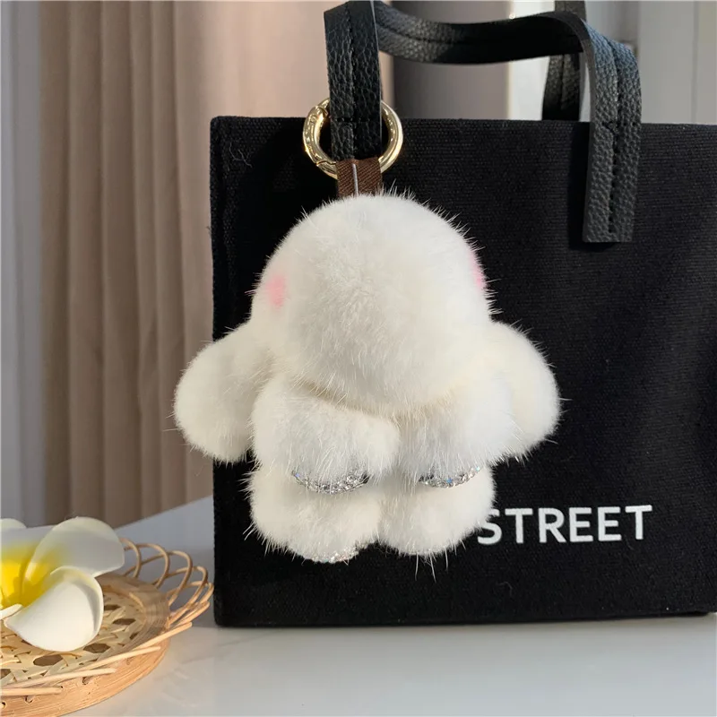 2024 Real Mink Fur Bunny Fur Pendant Bag Jewelry Key Chain Plush Pendant Trumpet Cute Cute Rabbit Children Animal Cartoon Doll