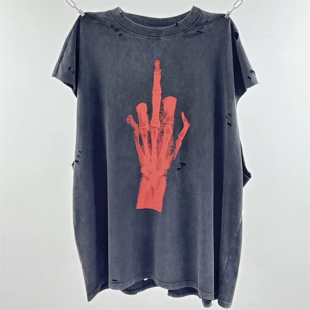 

Футболка Skeleton Finger Print Saint 1:1, высочайшего качества, в стиле HIP HOP, винтажная, оверсайз, свободного кроя, уличная одежда, топы