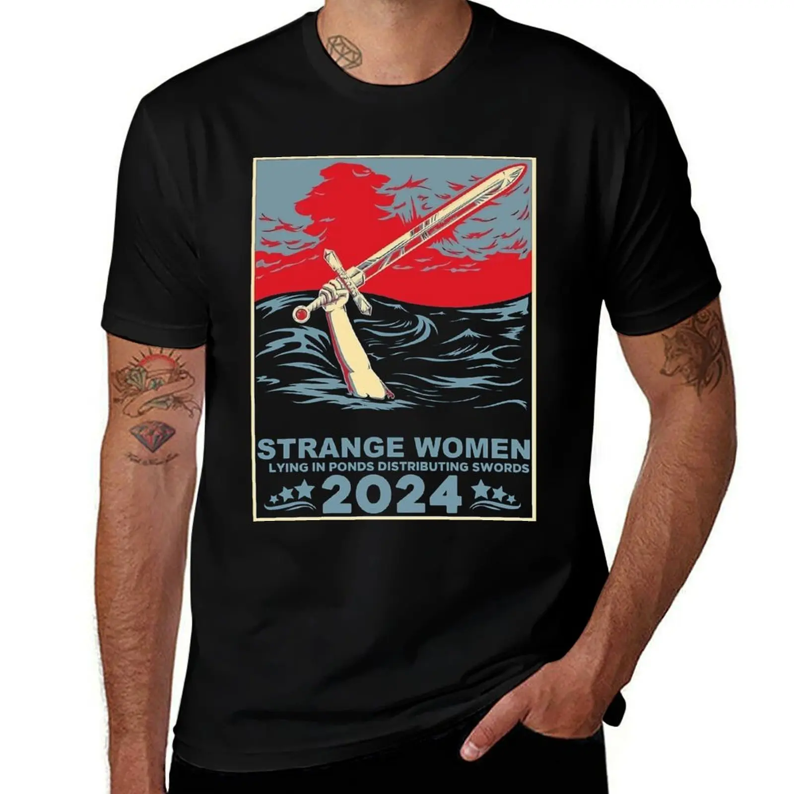 Mujeres extrañas deitado en estanques que distribuen espadas 2024 camiseta hombres 100% algodón marca de lujo Camiseta de algodón paquete camiseta