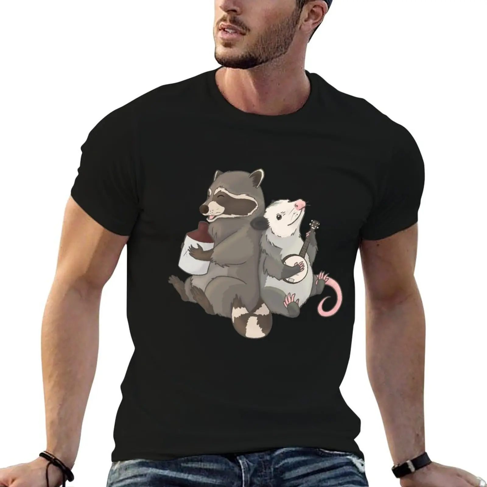 

Opossum and a Racoon playing instruments T-Shirt t shirts for man cotton soft man t shirt summer T-Shirt