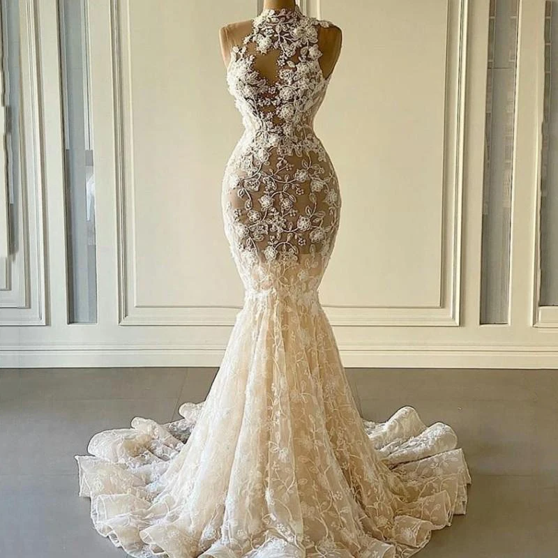 

Princess 3D Flowers Appliques Wedding Dresses See Through Beaded Bridal Gowns Custom Made Illusion Mermaid Vestido de novia