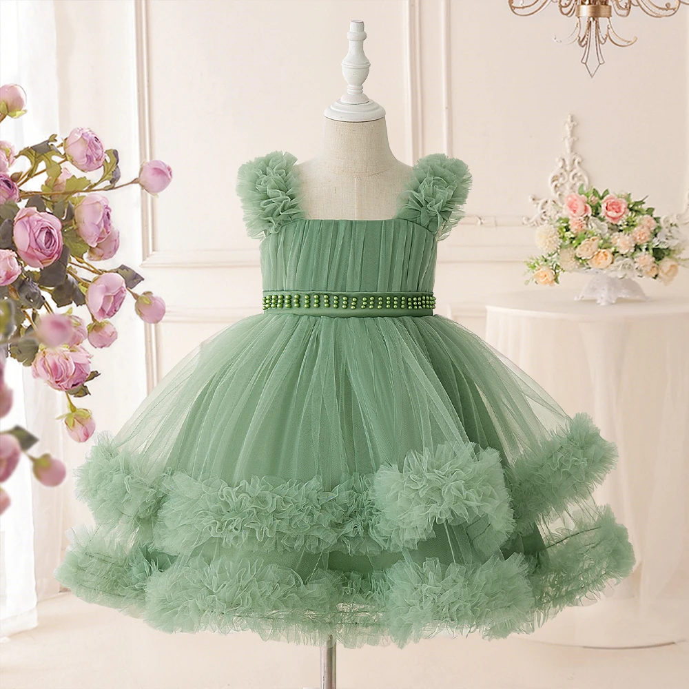Mädchen Perlen-Netzkleid mit Lagen, Ballkleid, Elegantes Prinzessinnen-Hochzeitskleid, Kindermode, Geburtstagsparty, Klavier-Auftritts-Kostüm
