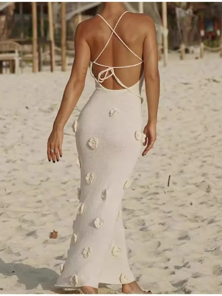 

High Street 3D Flower Beach Dresses Sleeveless Deep V-neck Maxi Dress Backless Spaghetti Strap Long Dress 2024 Summer