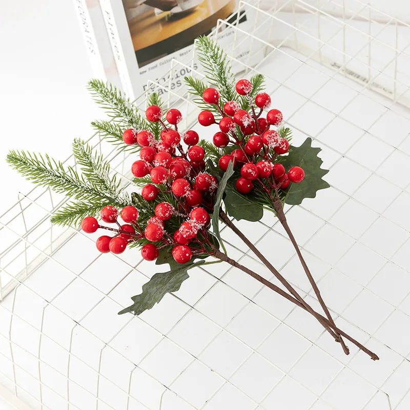 1Pcs Christmas Decoration Artificial Pine Branches Holly Berries Red Berry Branches for Christmas Tree Wreath Gifts Decoration