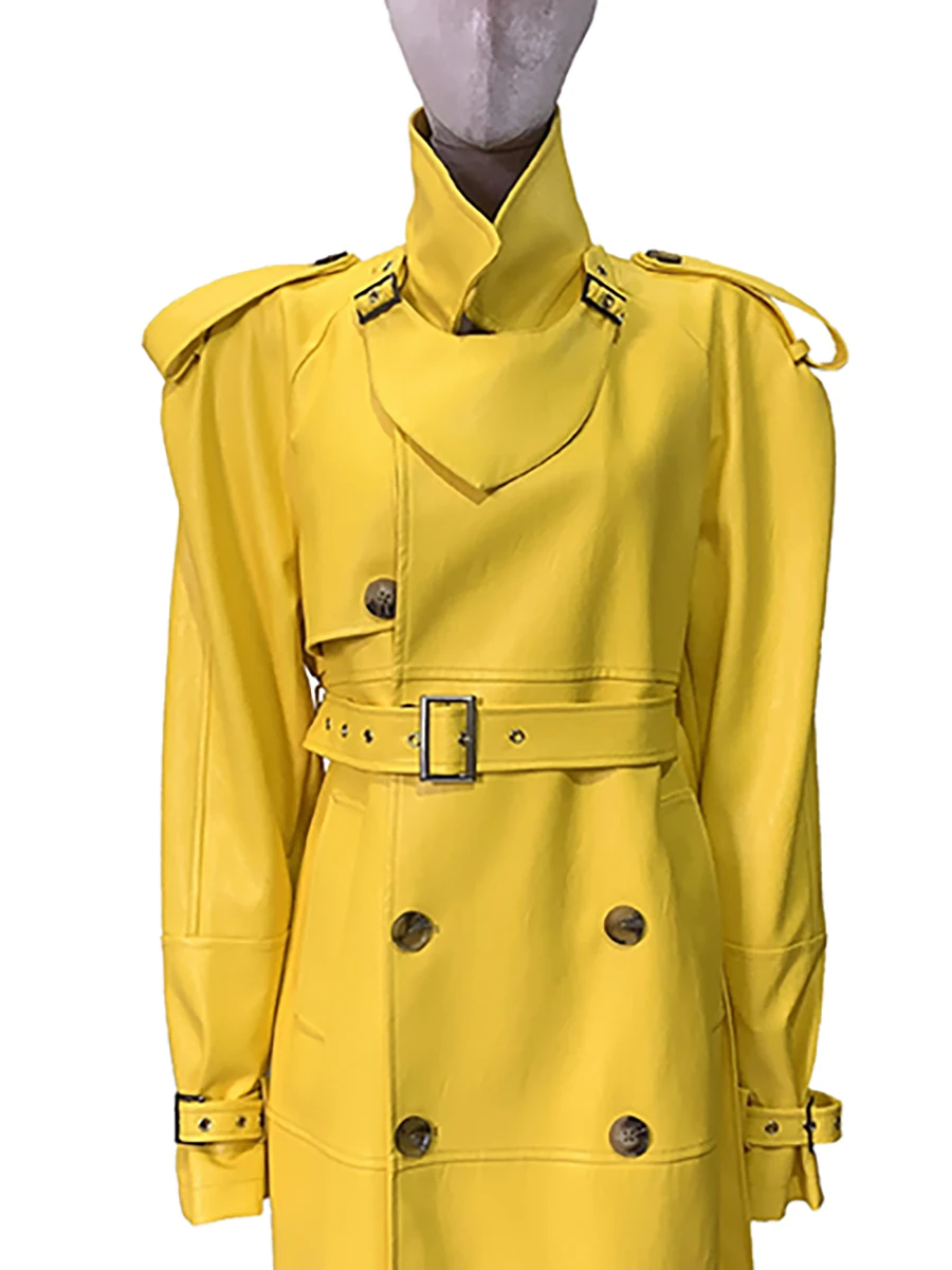 Mauroicardi outono inverno legal extra longo amarelo couro do plutônio trench coat para mulheres ombreiras cinto emo pista moda europeia