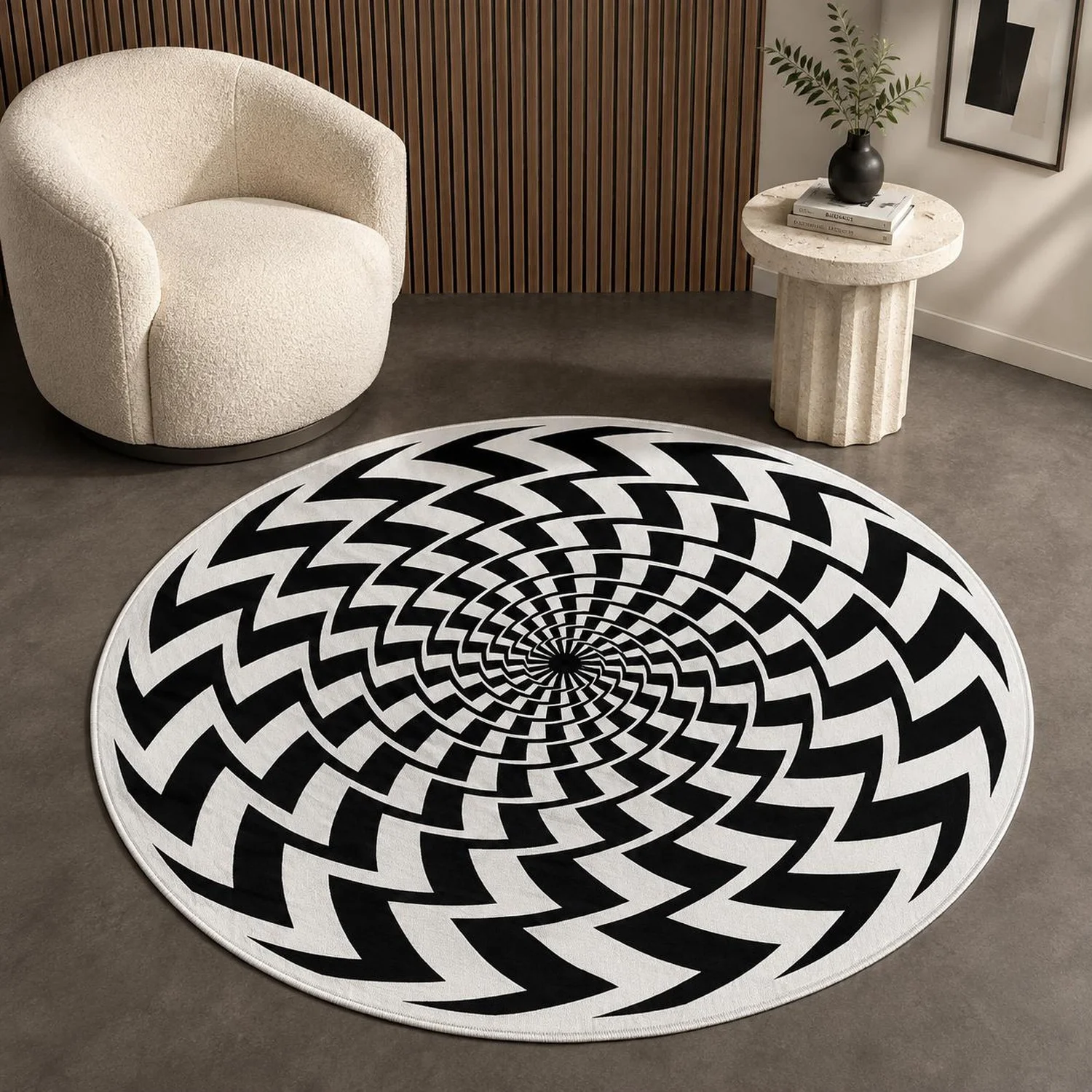 Black and White Optical Illusion Round Carpet, Suitable for Living Room, Washable and Non-Slip Decorative