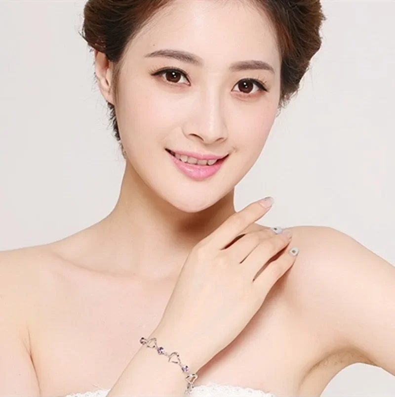 Noble 925 Sterling Silver Bracelet Heart Purple Crystal Zircon Bracelet For Woman Party Engagement Jewelry