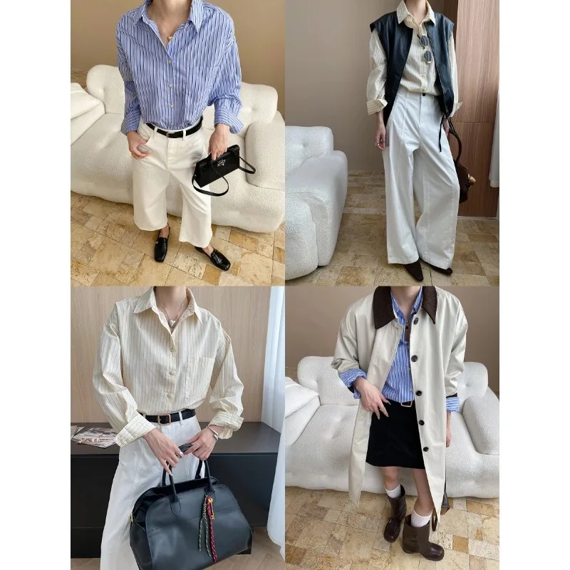 

Свободная повседневная рубашка с длинными рукавами и полосатыми лацканами во французском стиле