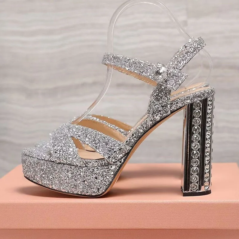 Women Super High Heels Sandalias Bling Sequined Fabric Crystal Decor Ankle Strap Platform Sandals Summer Party Dress Shoes