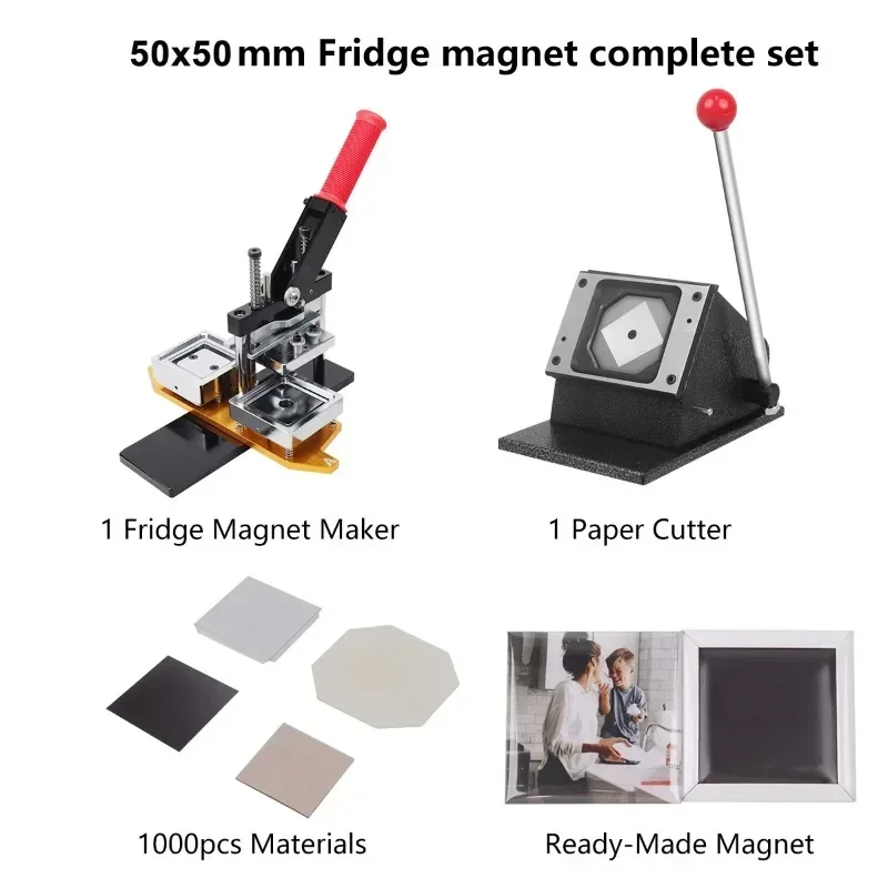 50x50mm / 63.5x63.5mm Square Fridge Magnet Badge Press Machine + Paper Cutter + 1000sets Material Full Set Rotary Metal Sheet