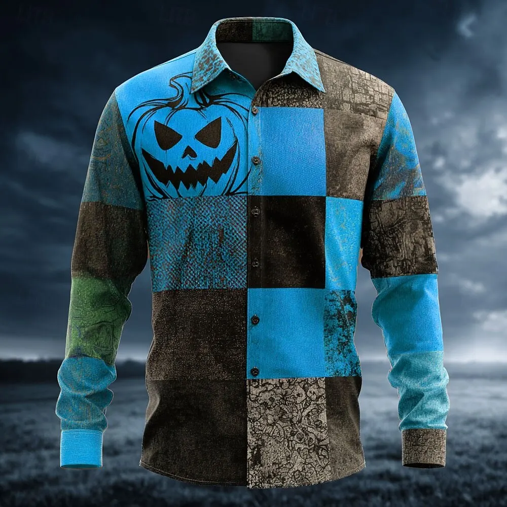 Halloween Costumes Men's Color Block Pumpkin Patchwork Shirt Button Up Shirt Long Sleeve Casual Outdoor 3D Print Collared Shirt