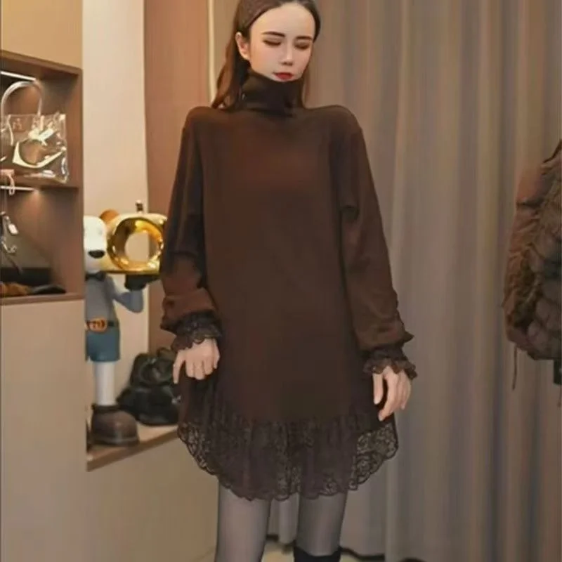 

Double-Sided Velvet Pullover Tops Autumn Winter New Turtleneck Fashion High-Necked Mid-Long Lace Stitching Bottoming Shirt Women