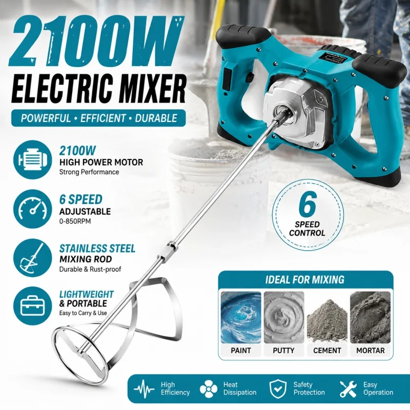 Mélangeur de peinture électrique 2100W, mélangeur de mortier portatif à 6 vitesses, mélangeur de puissance à couple élevé pour ciment, béton, mastic, poudre, adhésif pour carrelage, plâtre, résine, peinture, outil de construction, rénovation, bricolage