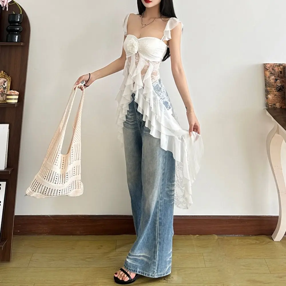 Camisola con borlas de flores y encaje con hombros descubiertos, vestido transparente con borde con volantes y cinta de malla, ropa de playa estilo picante para niña