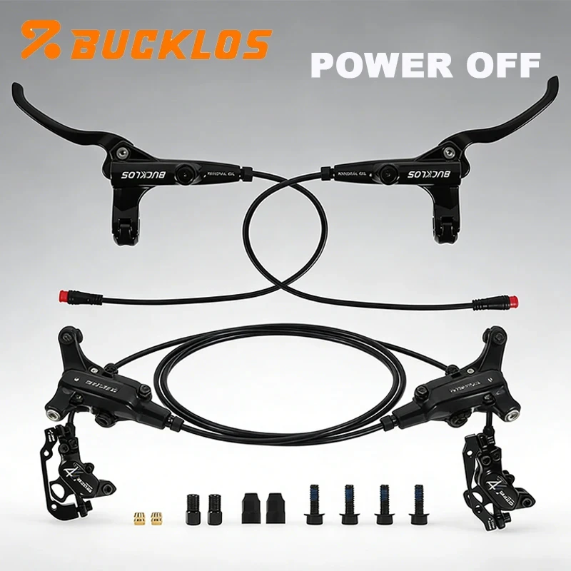 BUCKLOS 4-Piston MTB Hydraulic Disc Brake Set Front Rear Power Off Oil Brakes Kit for Electric Bike Scooter E-Bike Brake Parts