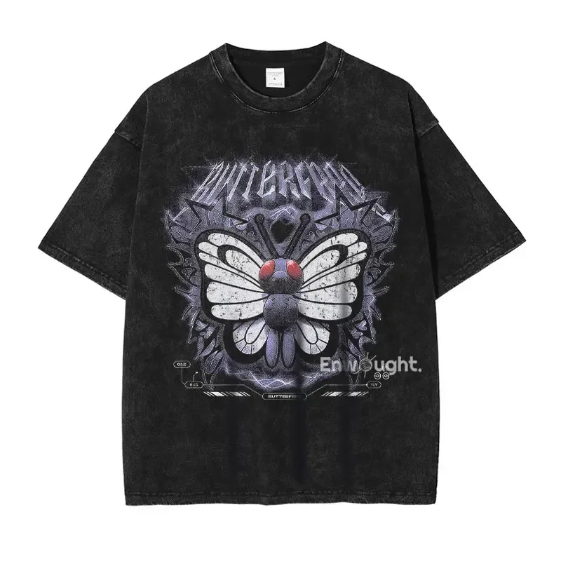 Short Sleeved Round Neck Y2k Tshirt Men Clothing New in Top & Tees Mens T-Shirt Anime Lugia Butterfree Dragon Vintage Washed