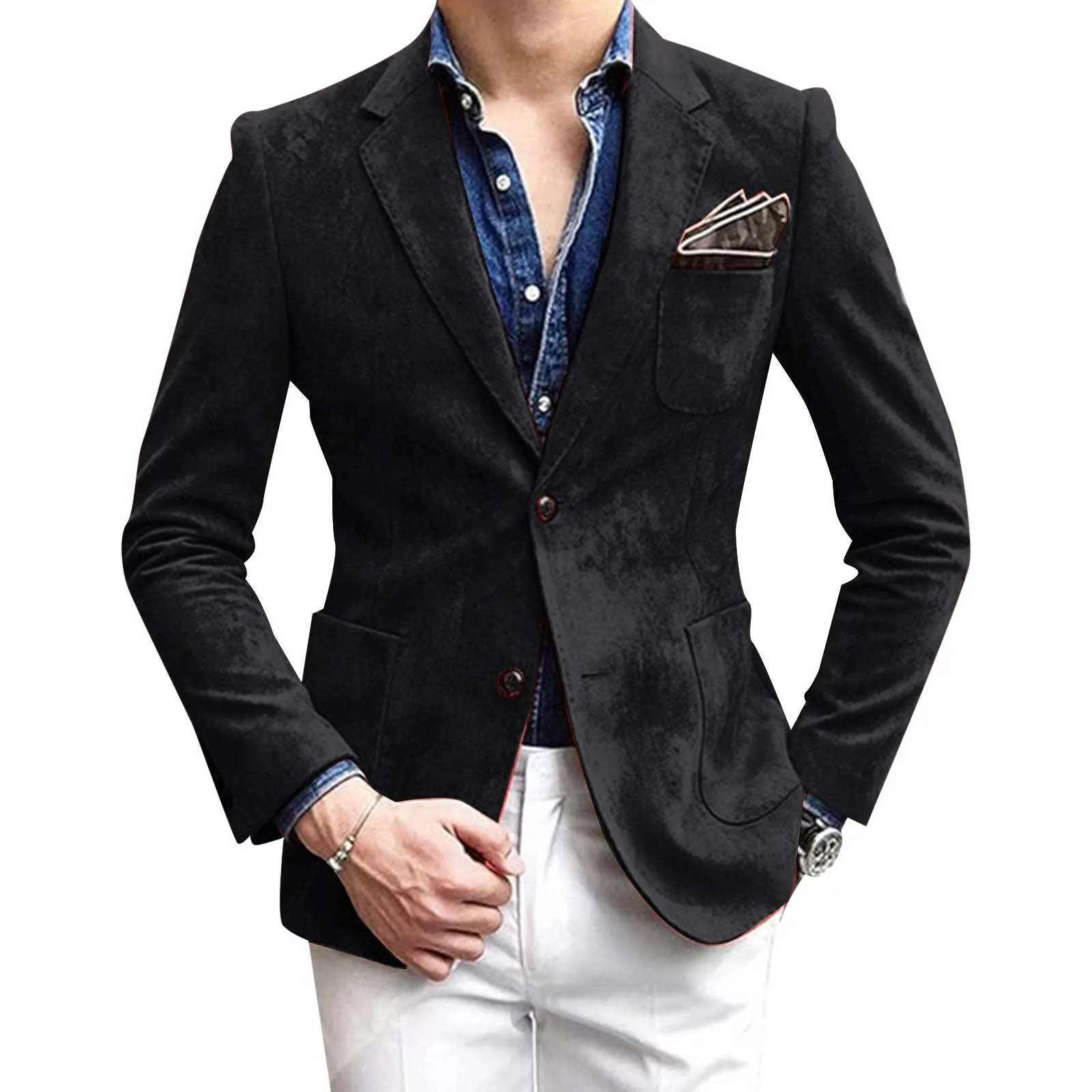 Casual Blazer One Button Business Suit Jacket Mens Fashion Velvet Long Sleeve Pockets Lapel Suit Jacket Blazers Para Hombre