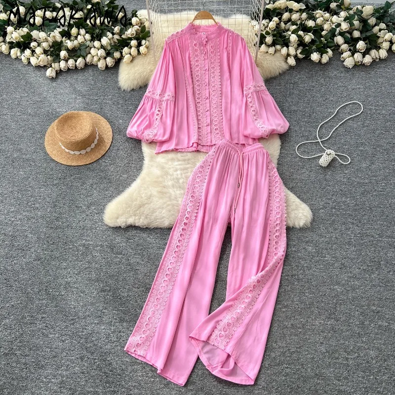 

Matakawa Lace Pants Sets Solid Lantern Sleeve Spring Autumn 2 Pieces Set Women Outifts Solid Elegant Retro Conjunto Femenino