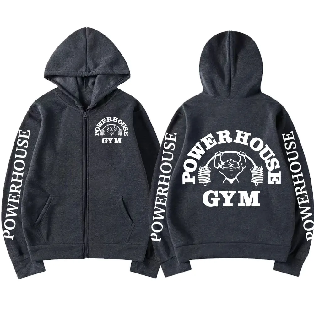 Powerhouse Gym Logo Zipper Hoodie Harajuku Men's Geek Fitness Cardigan Long Sleeve Sweatshirt Casual Fashion Oversized Pullovers