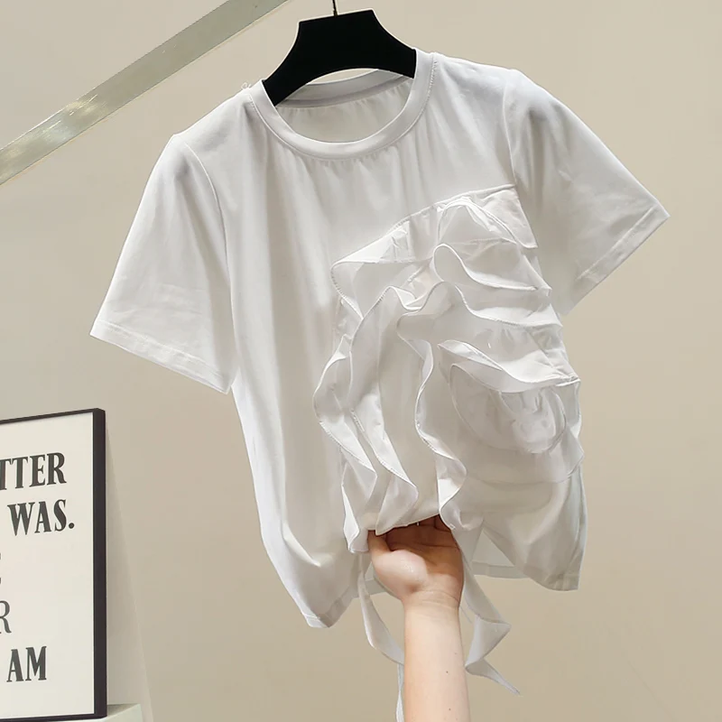 

Faionable Heavyweight White Ruffle Sve ort irt Women's Slimming Top Summer Thin round Ne ort Sve irt