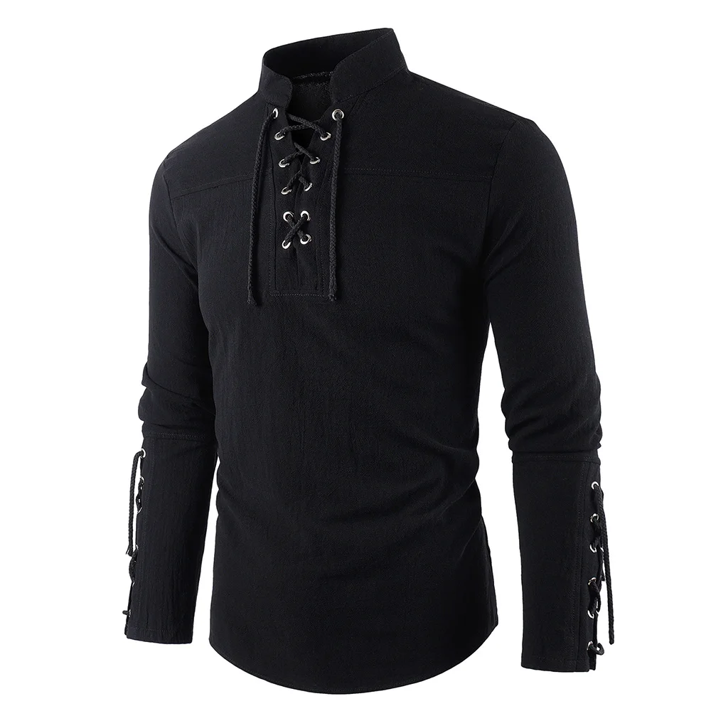 Men's Medieval Pirate Dress Stylish Streetwear Halloween Gothic Style V-neck Tops Solid Color Cotton Linen Breathable T-shirt