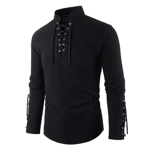 Imagen 2 del producto Vestido pirata Medieval para hombre, ropa de calle elegante, Tops con cuello en V de estilo gótico de Halloween, camiseta transpirable de lino y algodón de Color sólido