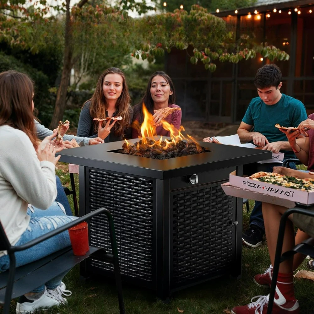 Outdoor Fire Pit Table, Steel Gas Fire Pit with Lid and Lava Rock, Add Warmth to Parties on Patio Deck Garden, Outdoor heaters