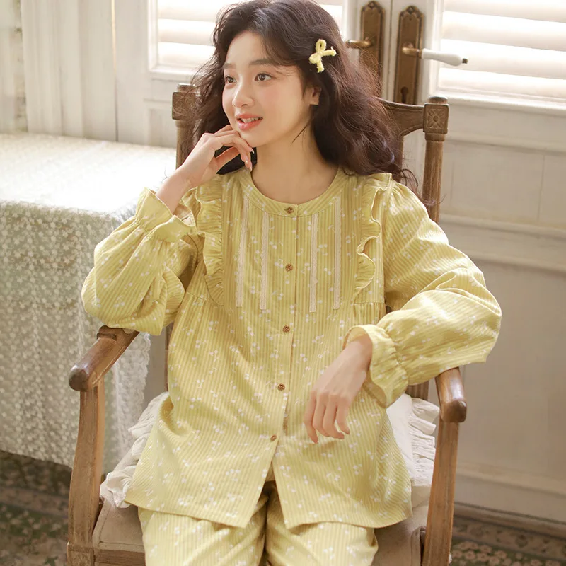 pure-cotton-double-layer-gauze-sleepwear-sweet-round-neck-long-sleeve-pants-home-clothes-set-for-young-women-floral-pattern