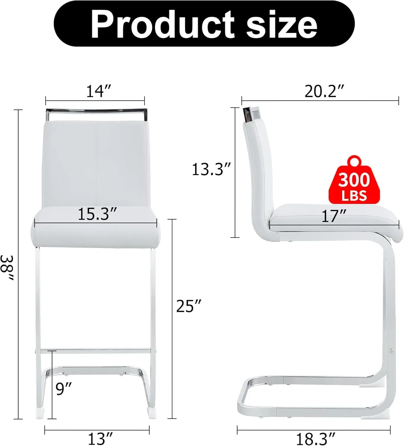 Barkrukken set van 4, barkrukken op tegenhoogte met rugleuning, witte PU-keukenstoelen met verchroomde metalen poten. Gestoffeerde stoel