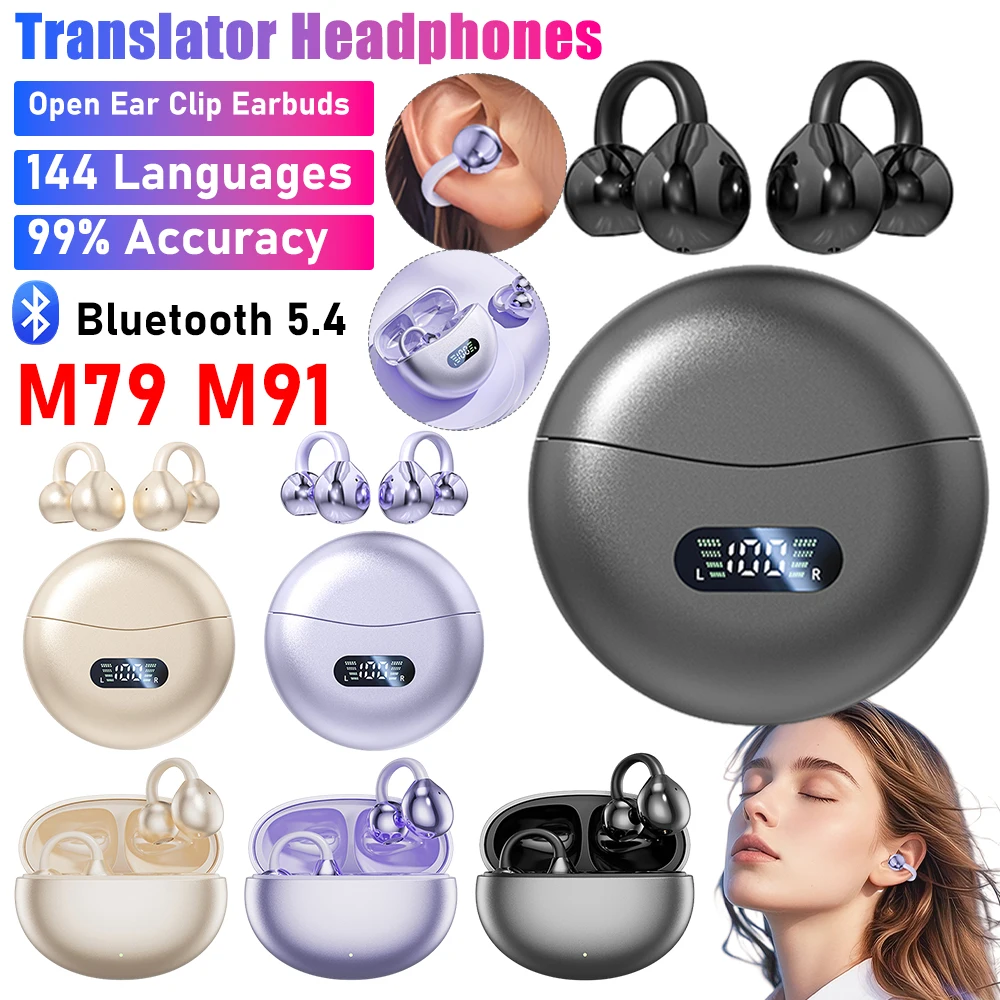 M79 M91 Translator Earbuds Open Ear Clip Earbuds 144 Languages Real Time Translator Headphones Wireless Bluetooth 5.4 Earphones