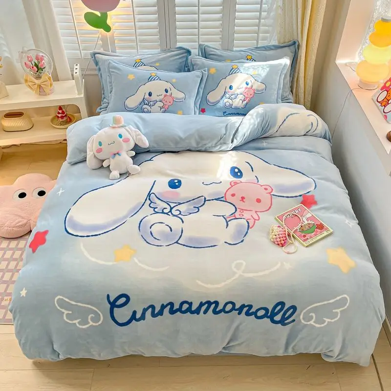 Kawaii Hello Kitty My Melody Kuromi Children's Milk Velvet Sheets Set Autumn Winter Double-Sided Thickened Ktquilt Cover Flannel