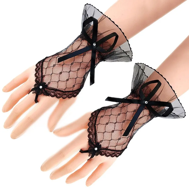 Women's Sexy Sheer Short Lace Gloves Wedding Tea Party Wrist Length Floral Gloves for Dinner Fancy Costume Accessories Gloves