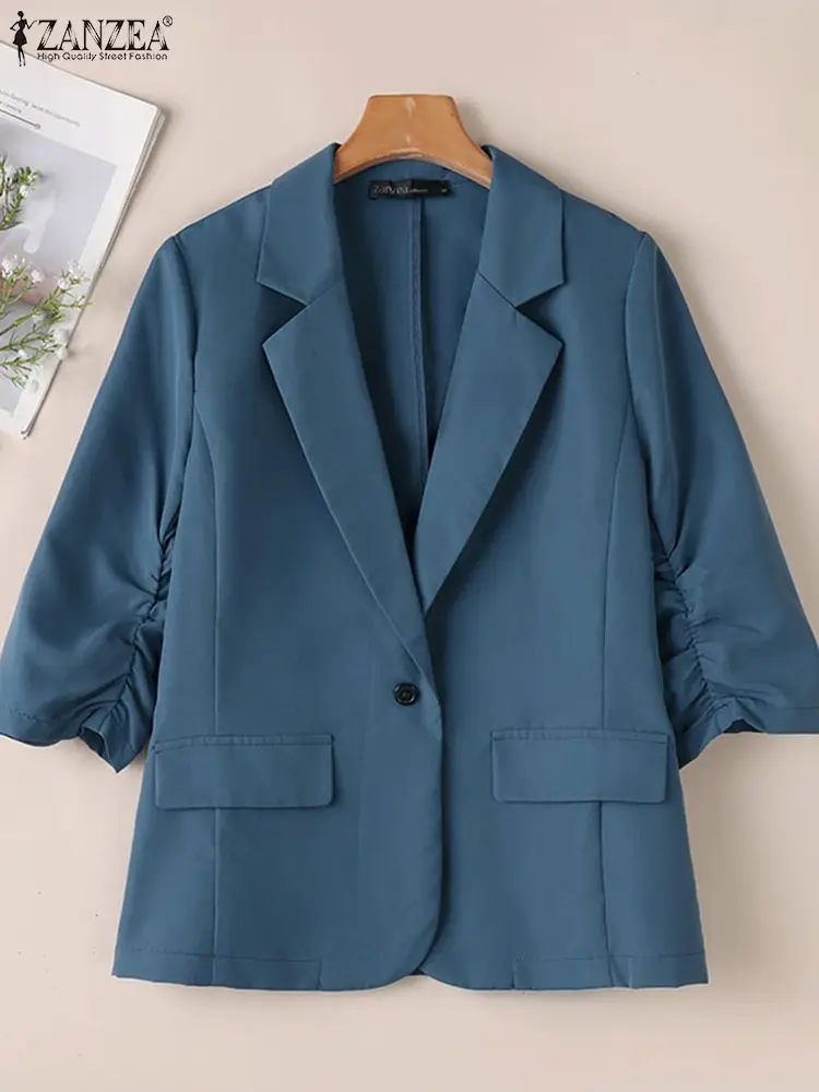 Zanzea freizeit pendeln blazer übertrifft frauen koreanische mode elegant herbst 2024 lässig blazer geraffte 3/4 ärmel feste anzug mäntel