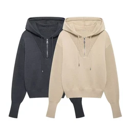 Tangada 2024 Women Zipper Hood Sweater Jumper Long Sleeve Female Crop Pullovers BE0326