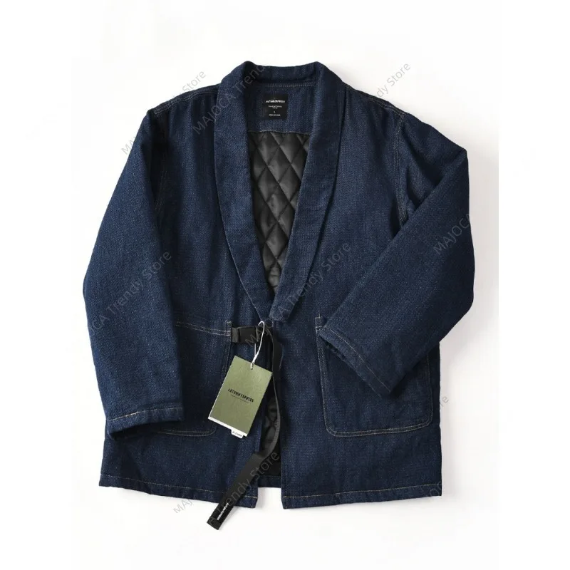 

Зимняя мужская японская куртка Thobe/Haori — темно-синяя джинсовая стеганая хлопковая куртка — верхняя одежда свободного кроя с v-образным вырезом