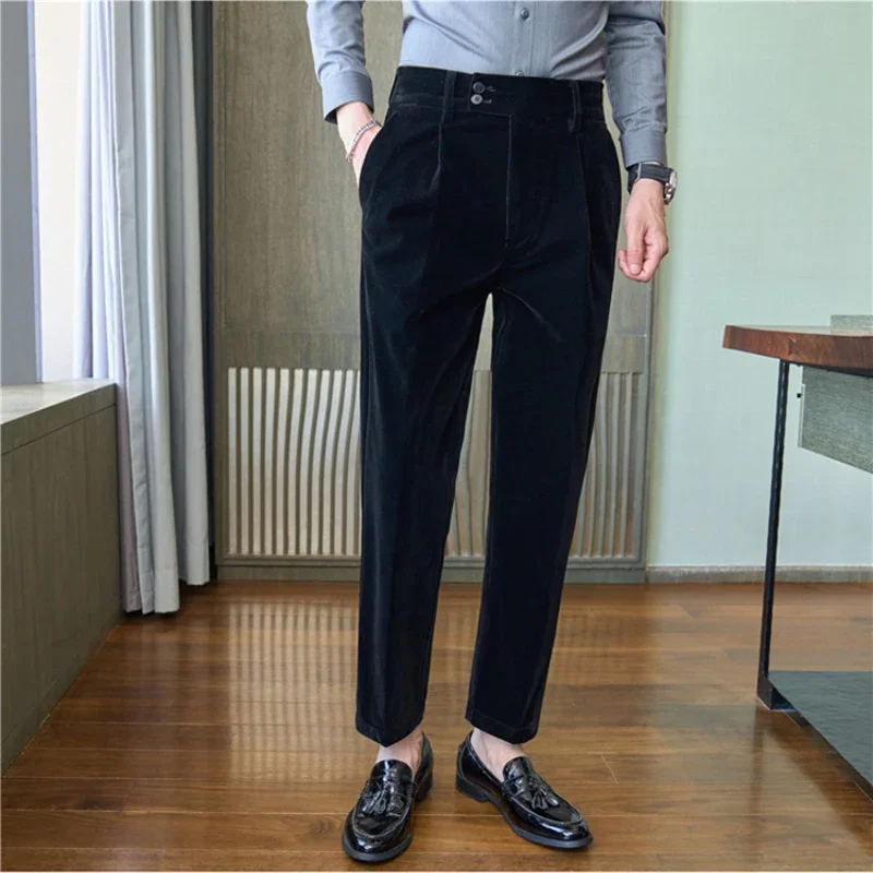 Pantalones de traje de terciopelo para hombre, ropa informal de Color sólido para negocios, oficina, Social, otoño e invierno, 2023