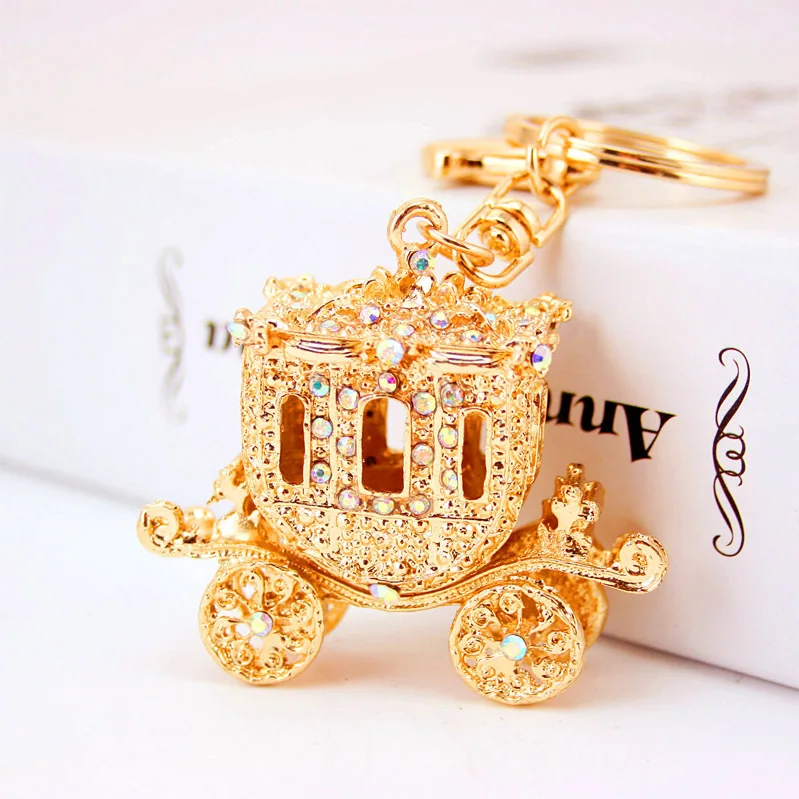 Fairy Tale Carriage Pumpkin Key Chains Rings AB Rhinestone Purse Bag Buckle Pendant For Car Keyrings KeyChains K297