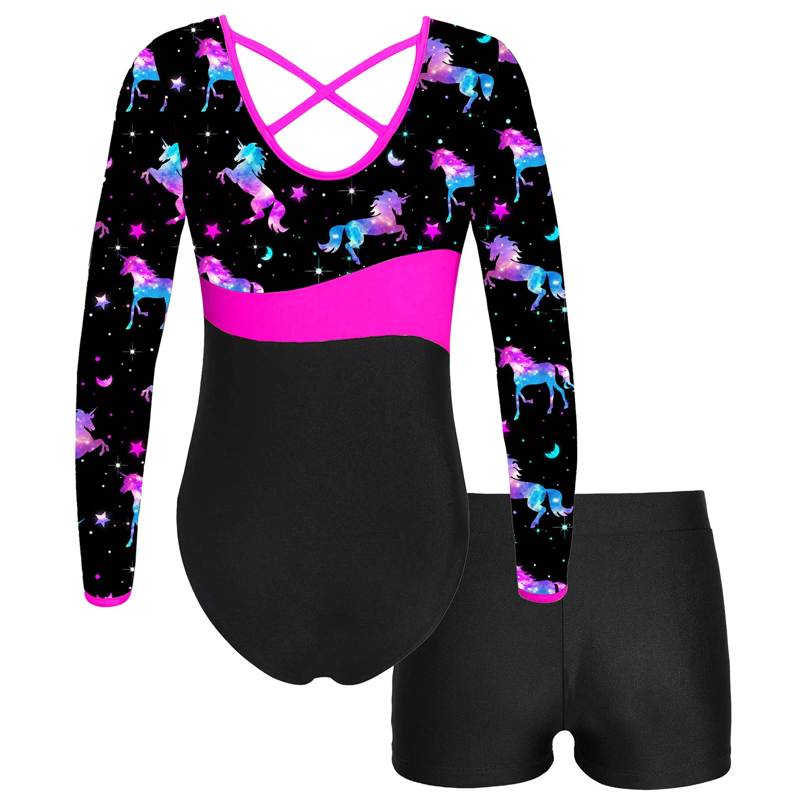 Kids Girl Gymnastics Leotard Printed Patchwork Ballet Tutu Dance Leotard Ice Skating Jumpsuit Sports Workout Dance Yoga Bodysuit