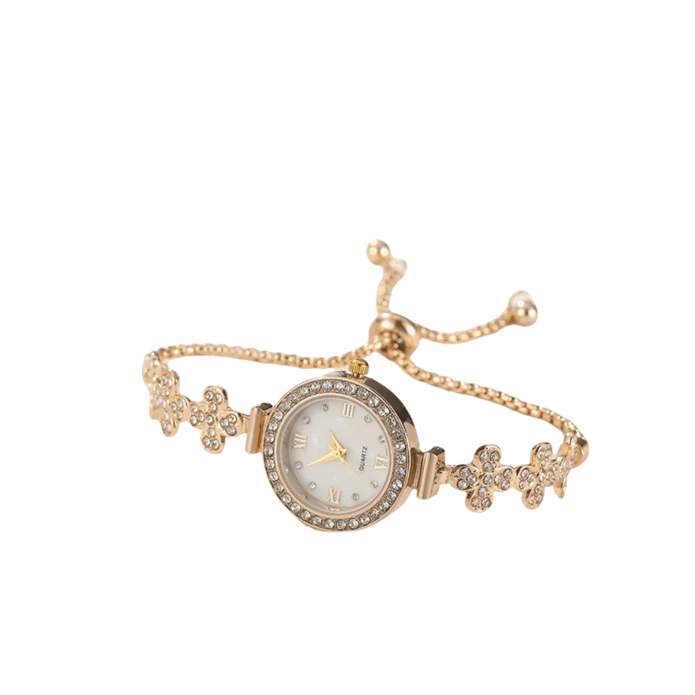 

Slim Strap Ladies Quartz Watch Leaf Design Small Dial Women Quartz Watch Pull Adjustable Round Dial Rhinestone Watch