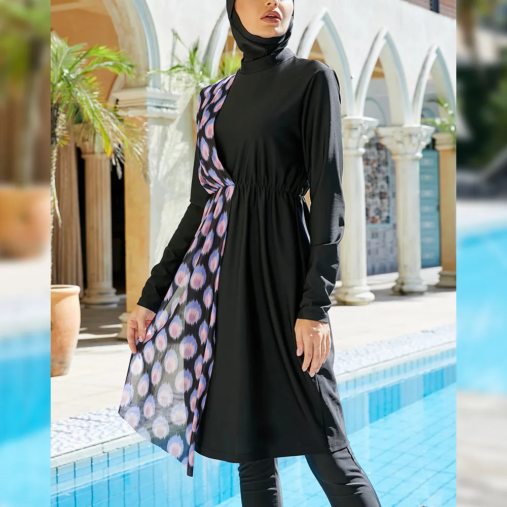 Muslim Women Long Swimwear Burkinis Islamic Full Cover Swimsuits 3 Pieces Print Patchwork Modest Swimming Bathing Surfing Wear