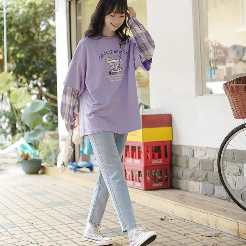 2023 Autumn Thin Splice Fake Two Piece Light Purple Long Sleeve T-shirts New Korean Version Loose Versatile Student Top