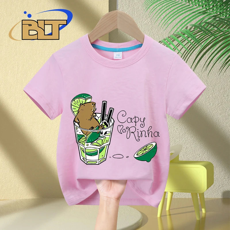 T-shirt à manches courtes en coton imprimé dessin animé pour enfants, Cabybara + Caipirinha = Capyrinha, médicaments décontractés pour garçons et filles, été