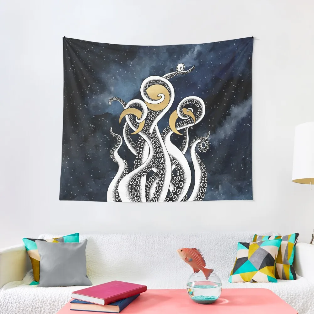

Esoteric cyberpunk kraken illustration with tentacles and moon phases Tapestry Wall Tapestries Tapestry