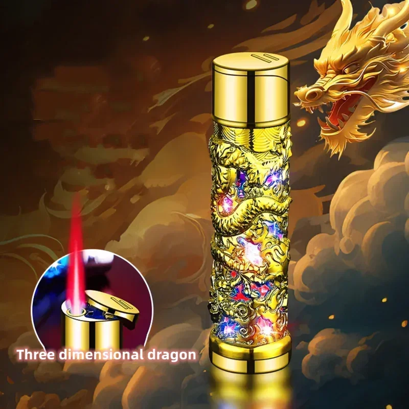 2024 Metal 3D Relief Dragon Lighter Windproof Butane Turbo Red Flame Portable Lighter Cigarette Accessories Trendy Men\'s Gift