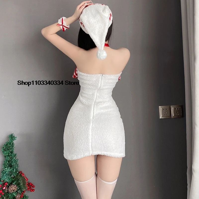 Vestidos de cintura delgada para fiesta de Navidad para mujer, lencería Sexy de felpa de Papá Noel, uniforme de juego de rol de sirvienta, tentación