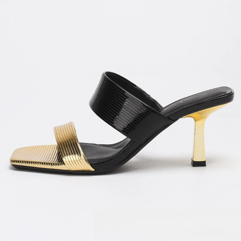

Luxury Designer Heeled Sandals Women Black Gold Strap Design Thin Heeled Slippers For Ladies Summer Open Toe Party Dress Shoes